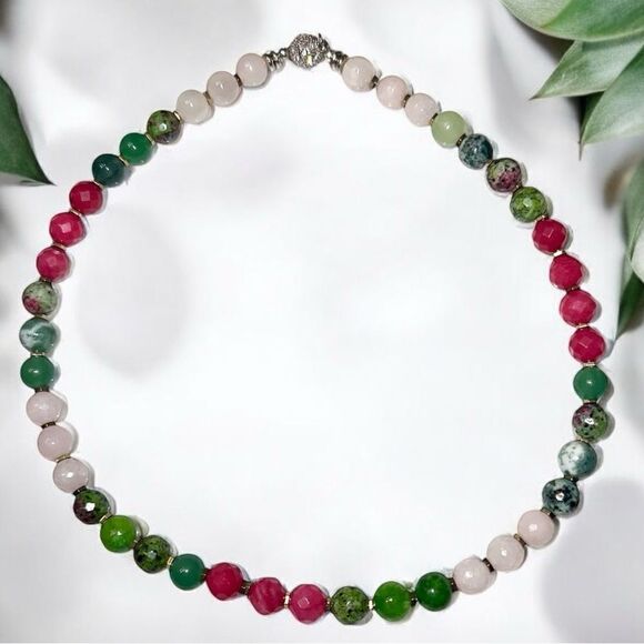 Handmade Genuine Gemstone  Watermelon Colors Pink Green Jade Ruby Zoisite 18” - Picture 2 of 3